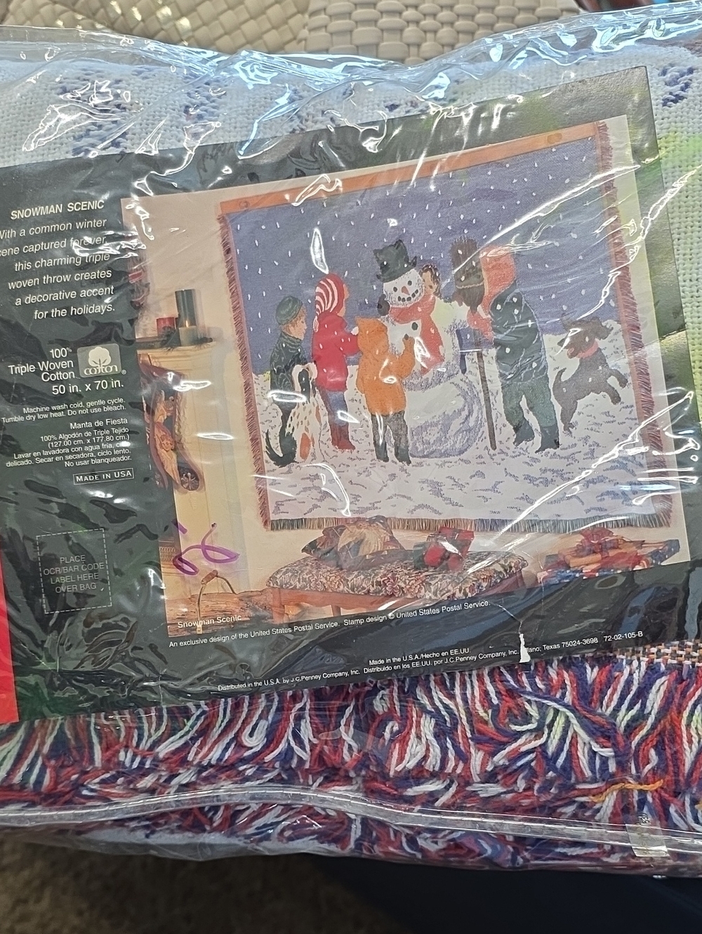 Iconic Vintage New Snowman Scenic Holiday Throw 100% Cotton - Red, White & Blue.